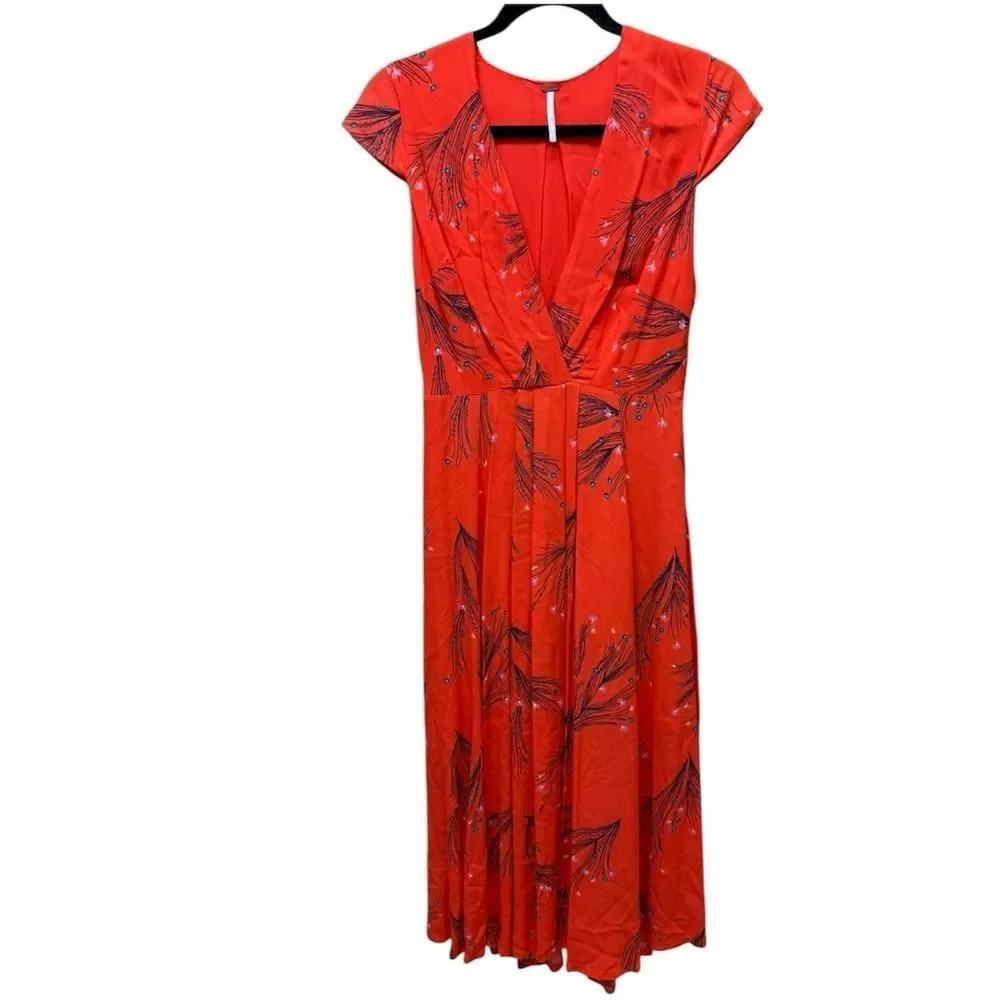 Free People Retro coral orange floral print midi dress. Womens. Sz 2 - Picture 2 of 14